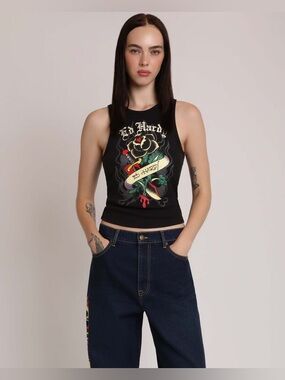 Ed Hardy Black Rose Ribbed Tank Top